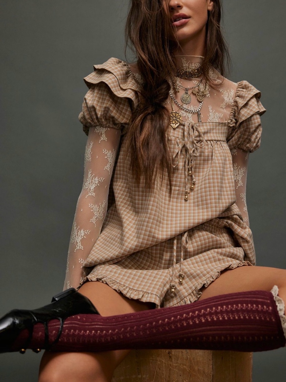 Free People Misty Net Pointelle Tall (Oxblood) NWT